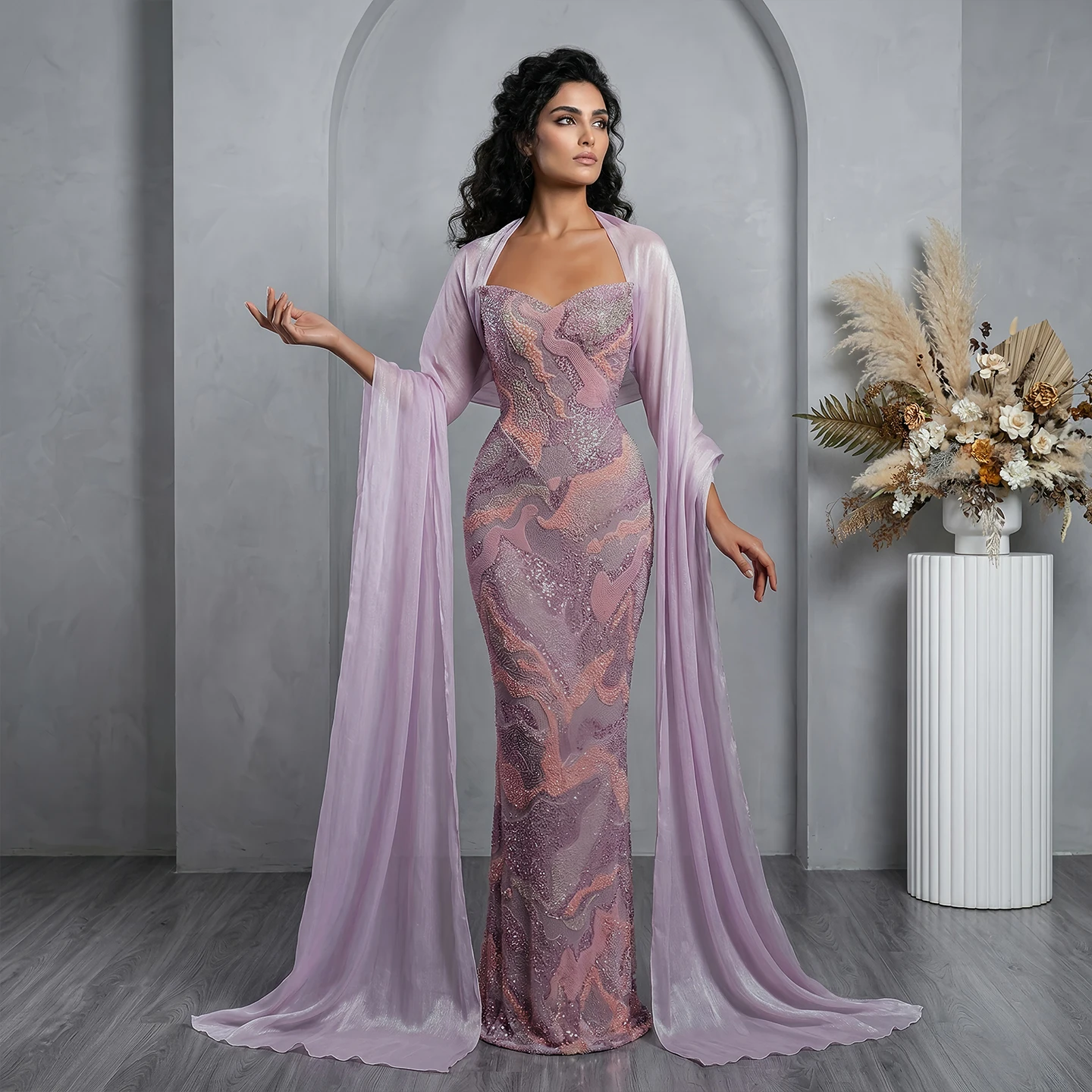 Sharon Said Abendkleider Luxuriöses Etuikleid mit Herzausschnitt, Tüll, Perlen, Cape, Pailletten, Dubai, formelles Hochzeits- und Partykleid SS658, maßgeschneidert – Detail 4