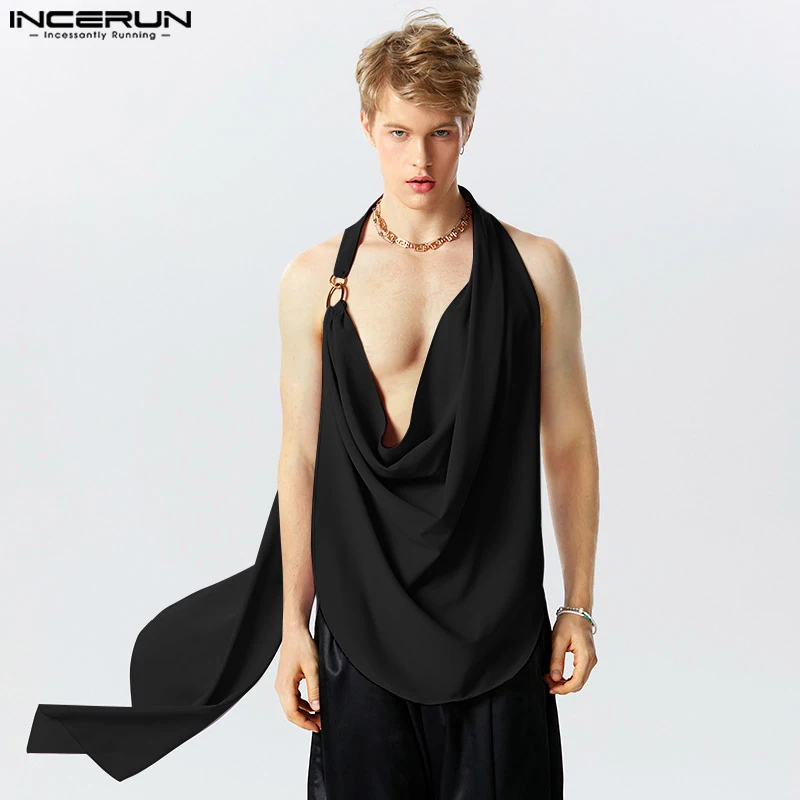 INCERUN Tops 2023 American Style Men\'s Loose Fitting Long-style Solid All-match Tank Tops Casual Party Swing Collar Vests S-5XL