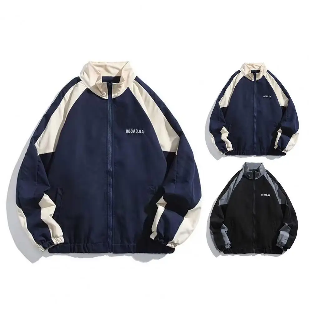 Hip Hop Varsity Jacket Stand Collar High Street Patchwork Color Block Windbreaker Thin College Jacket chaquetas hombre