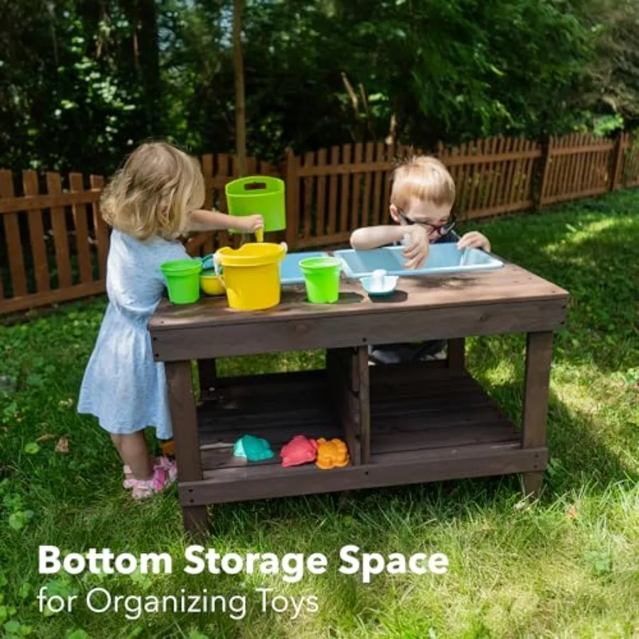 유아용 모래와 물 테이블 |   야외용 나무 감각놀이 모래 테이블 (플라스틱 통 2개, 내장형 수도꼭지 및 해변 장난감 포함)