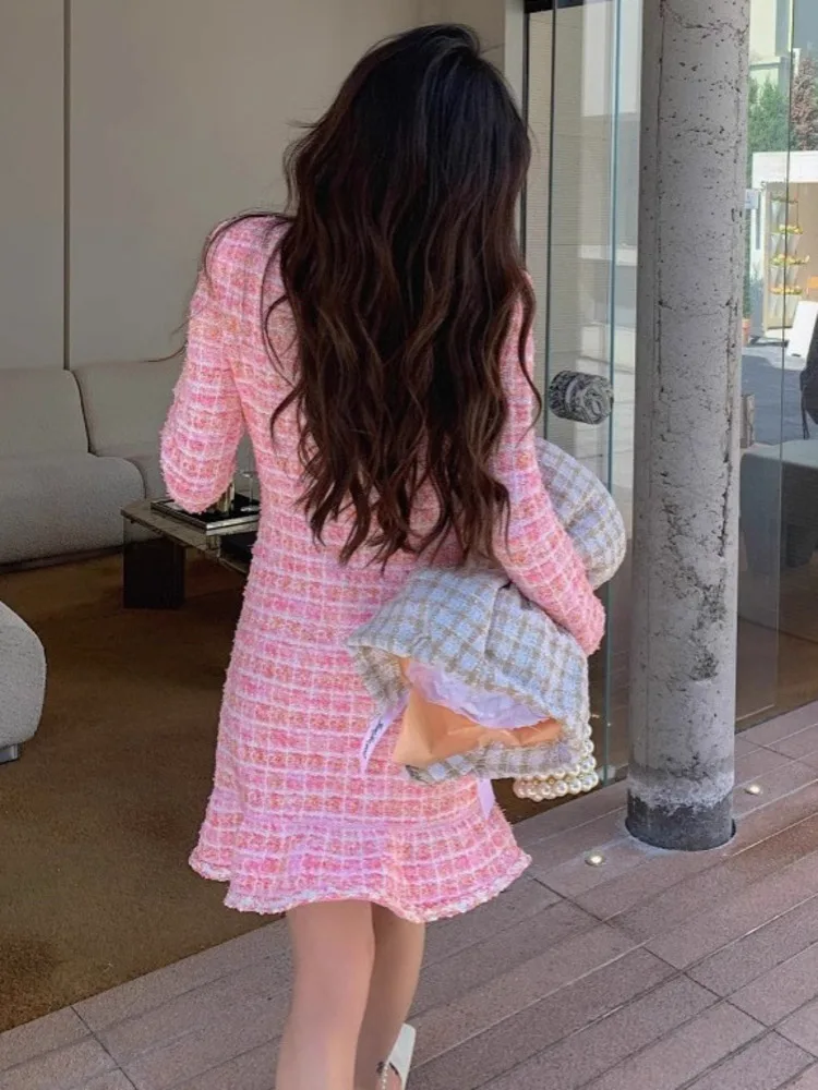 [oein] A sweet French high-end pink checkered round neck long sleeved knitted dress delicte frgrnce of a heiress