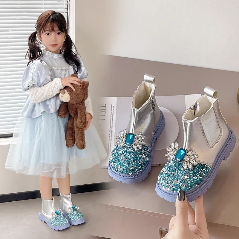 

Модные ботинки для девочек с блестящими кристаллами, детские ботинки принцессы, блестящие осенне-зимние новые детские ботильоны, универсальные мягкие ботинки