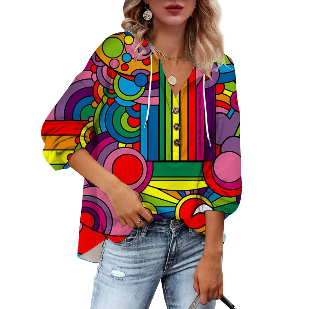 CLOOCL Women Hoodies Oversized Hooded Sweatshirts Cartoon Colored Circle Vertical Stripe Pattern Print Long Sleeve Autumn Tops