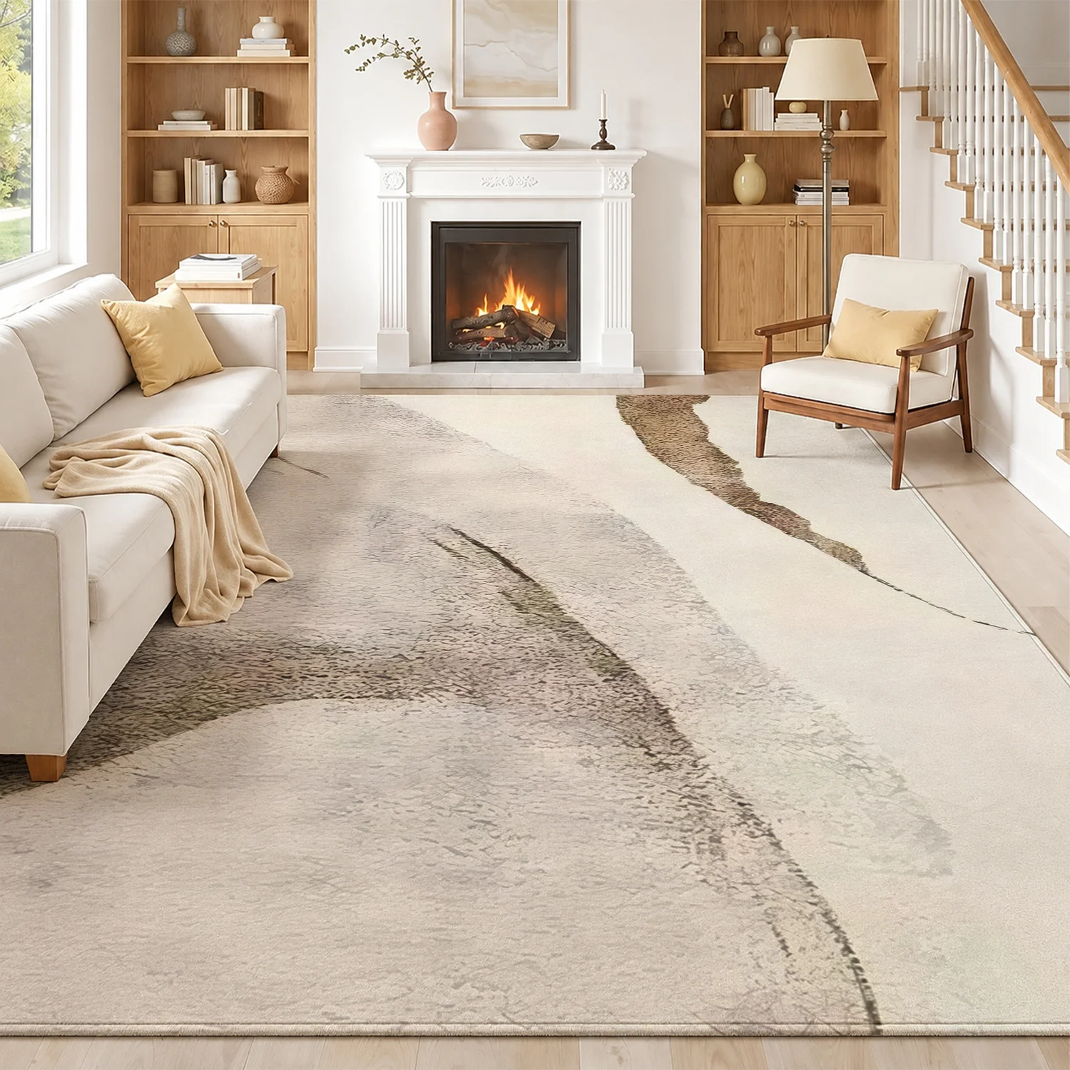 Large Indoor Area Rug, Soft Velvet Low Pile with Non-Slip Dotted Backing, Machine Washable Abstract Watercolor Neutral Beige Taupe Pattern for Living Room, Bedroom, Entryway, Modern Home Decor