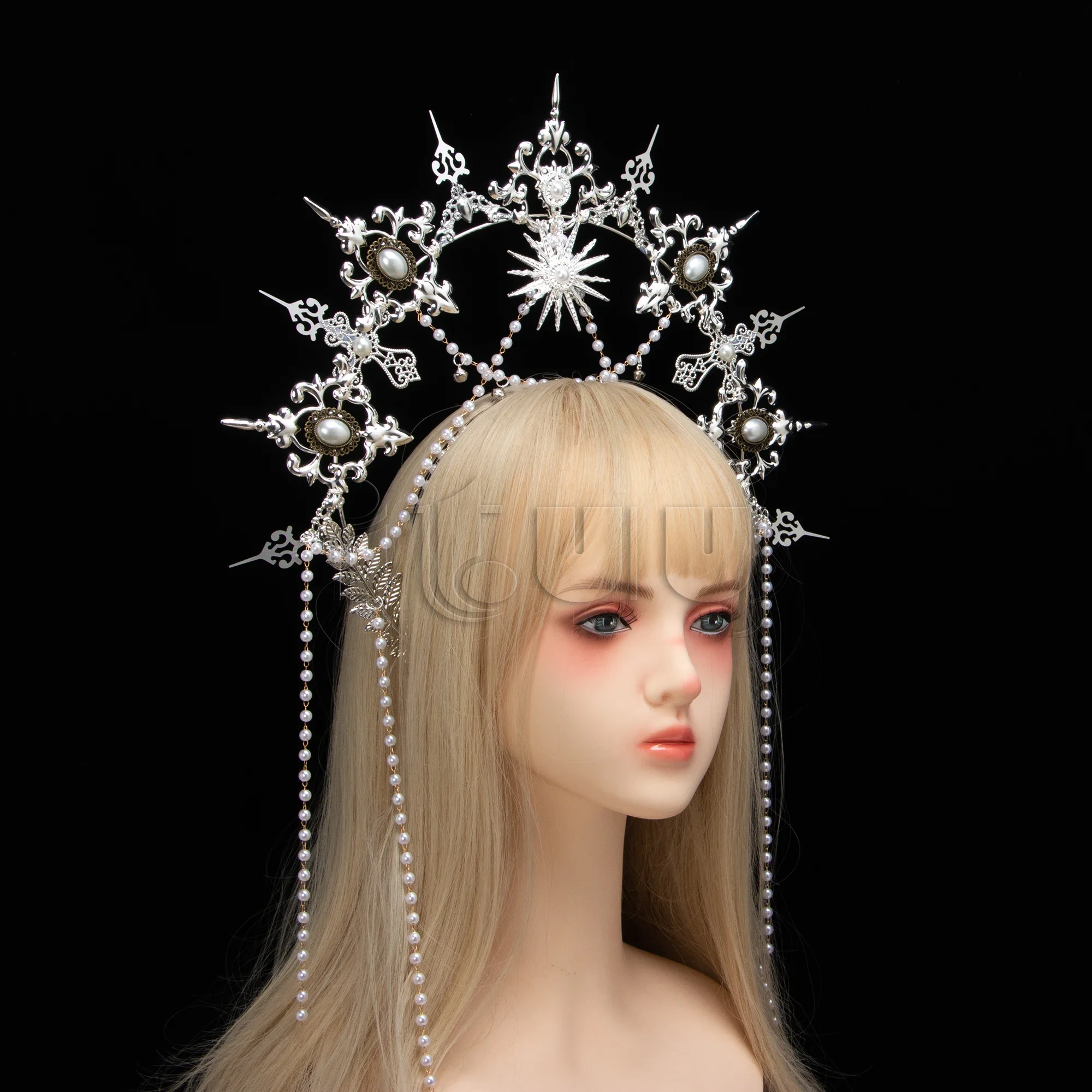 Silver Gothic KC Halo Crown Headpiece Lolita Sun Goddess Queen Baroque Tiara Halloween Headband Hair Accessories