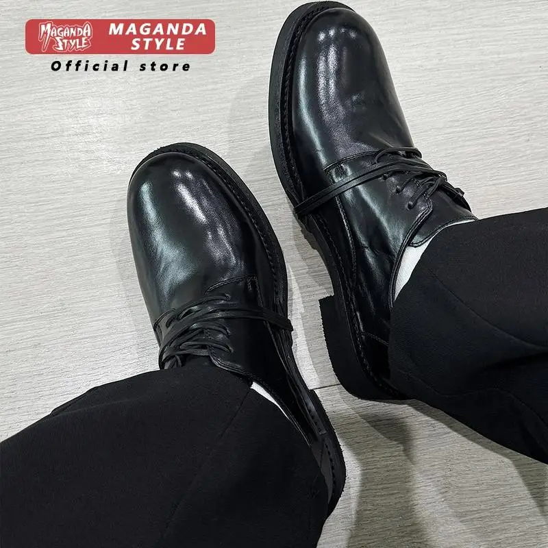 Derby leather shoes men's retro Japanese style strap wrapping design business casual formal dress shoes black Oxford shoes