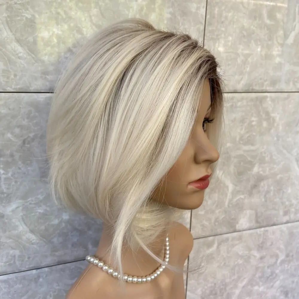 Perruques naturelles mélangées blondes à racines foncées, coiffure Bob courte