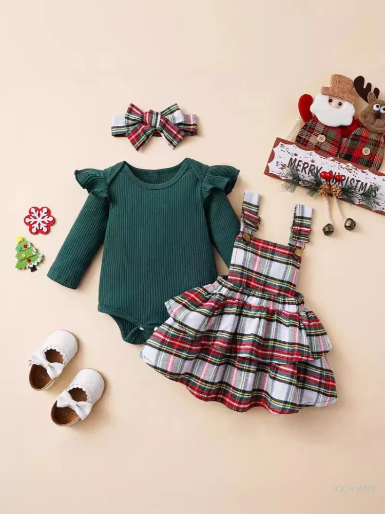 

1-18 Months Baby Girl Christmas Party Costume Dress With Headpiece Jumpsuit Set For Little Ones Festive Birthday Gift Set 2026