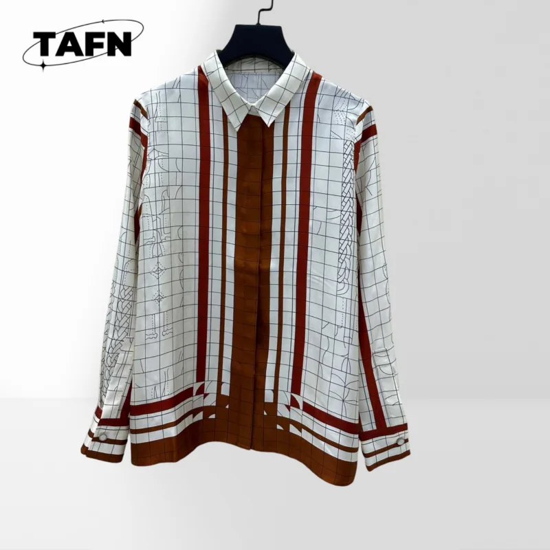 

Printed Silk 100% Silk Twill Silk Women's Striped Button Shirt Loose Fit Long Sleeve Blouse Vest for Outdoor Exploration AH0124