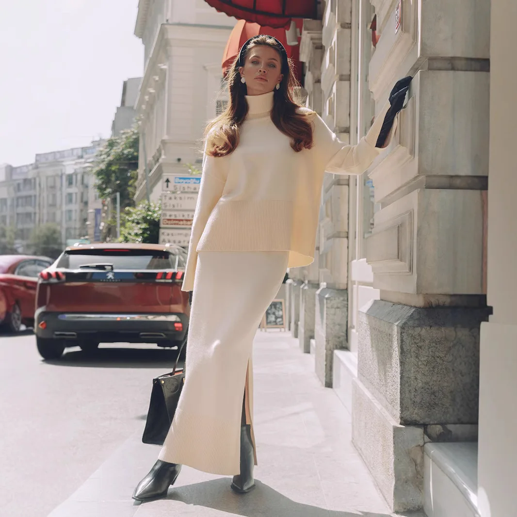 

Женский пуловер с высоким воротником, свитер в корейском стиле, осень-зима 2022, элегантный свободный свитер с длинными рукавами, юбка-миди, комплект с разрезом