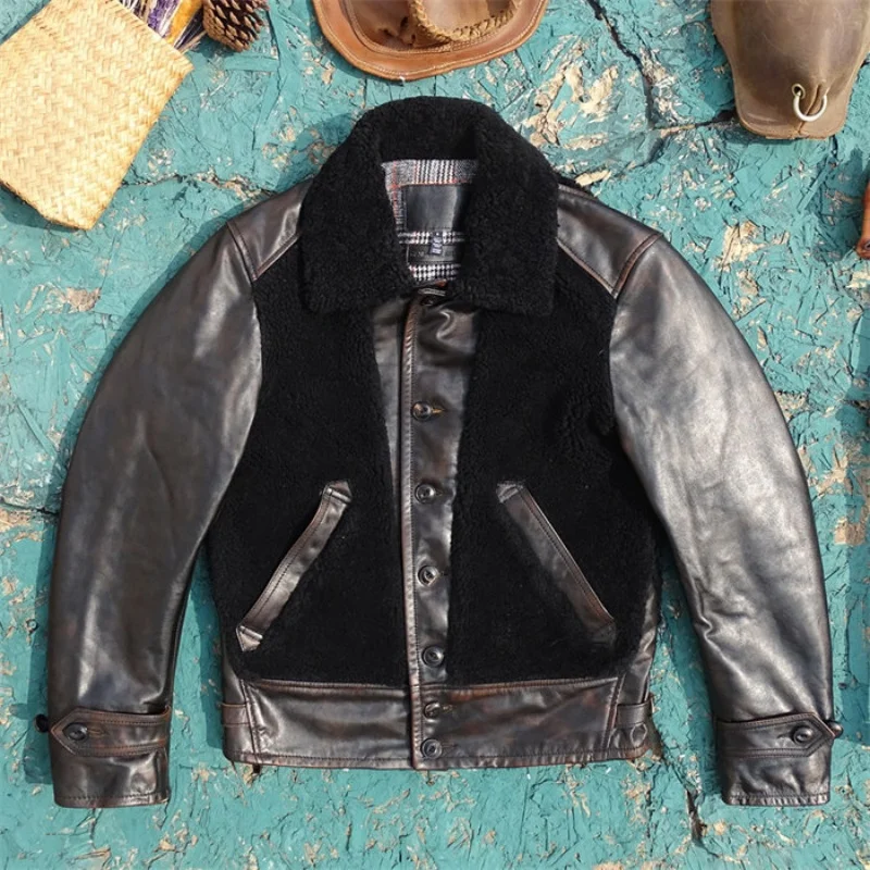 Black Winter Shearling Jacket Men Retro Vintage Style Plus Size 5XL Genuine Natural Horsehide Single Breasted Spliced Coat