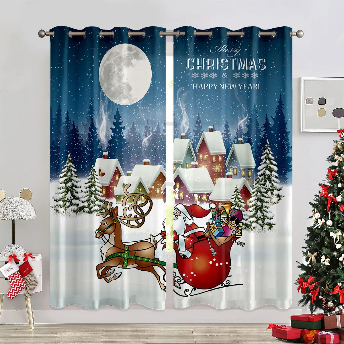 2pcs Curtains Featuring A Cute Santa Claus Print, 100% Polyester, Light-Filtering Curtains For Holiday Party Decor.
