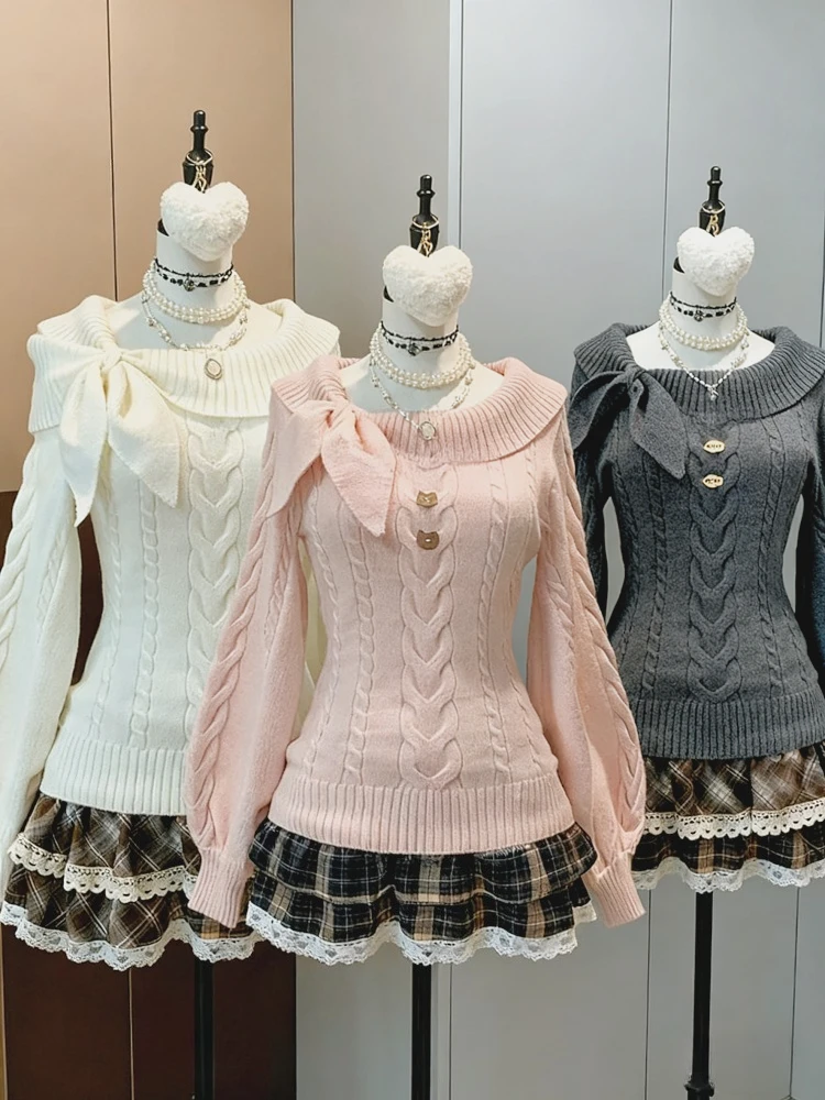 

Christmas Thin Bow Knitted Pullover Female Sweet Lace Japanese Loose Sweater Office Lady Autumn Y2k Winter Slim Jumper Outfits