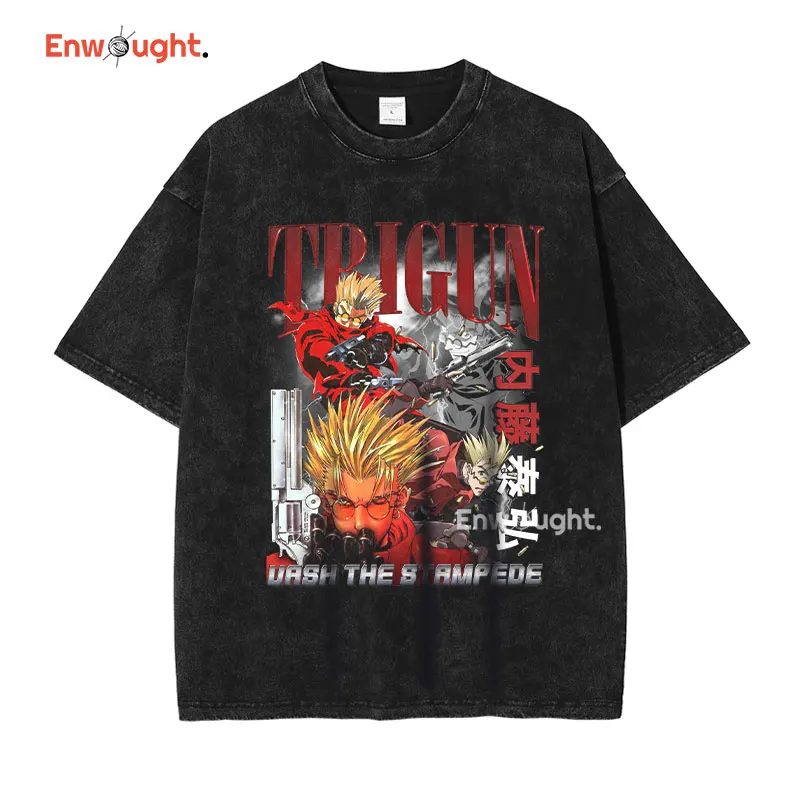 Anime Trigun T Shirt Nicholas D Stampede Vintage Washed Manga Tops Tees Oversized Short Sleeve DTG Printing T-shirt Man Cotton