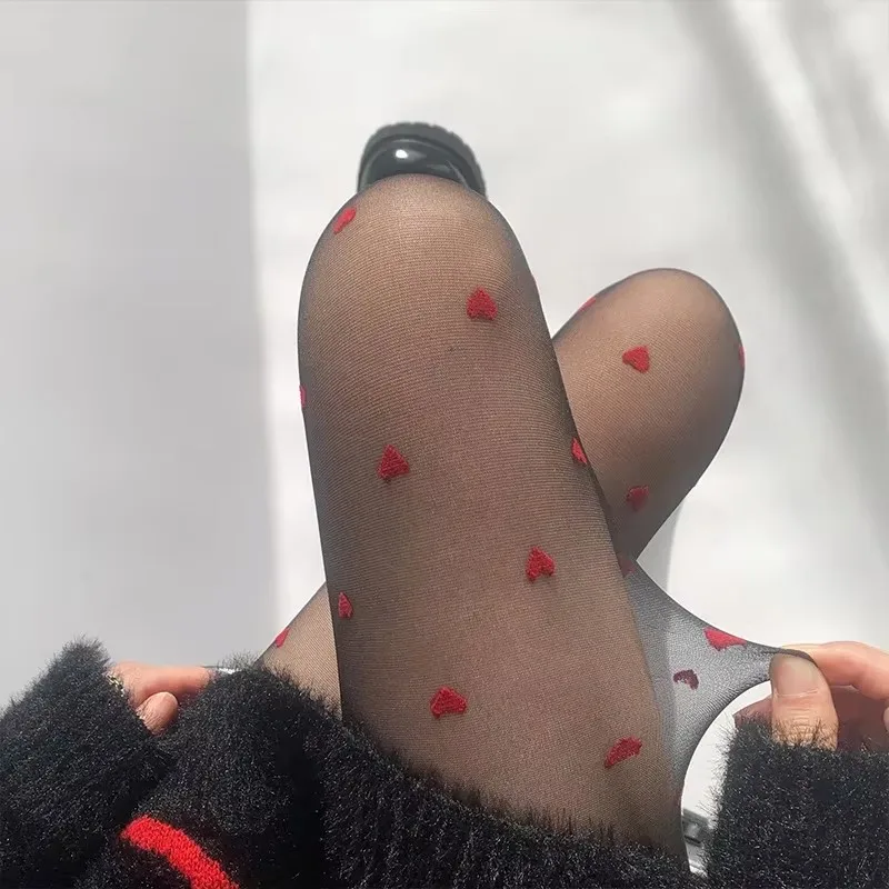 

Тонкие красные чулки, женские сексуальные колготки в горошек в форме сердца, дышащие удобные длинные черные чулки для женщин