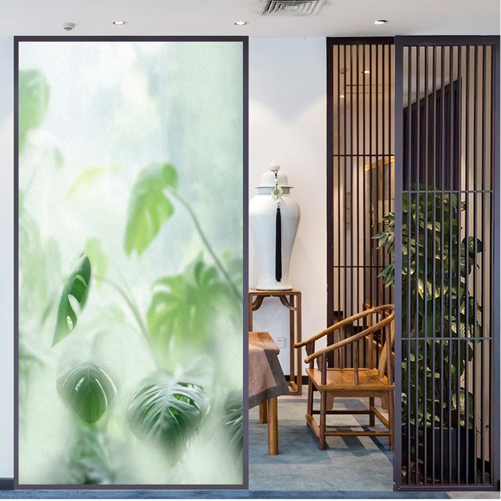 Static Cling Privacy Window Film Anti UV Blocking Heat Control Window Stickers Green Jungle Decorative Frosted Window Decoration