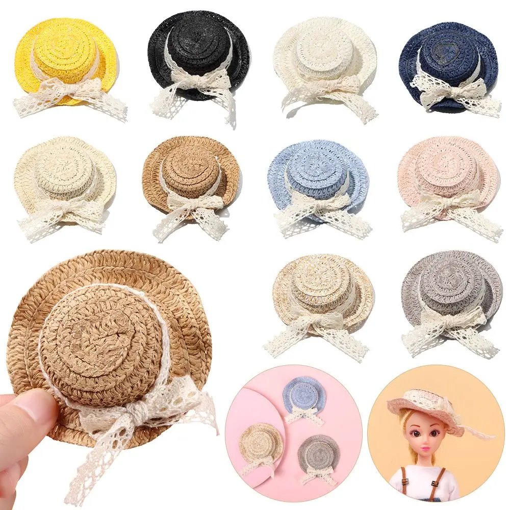 10Colors 1/12 Doll Handmade Weaved Hats Mini Lace Bow Straw Hat Dollhouse Miniature Doll House Ornament Doll Hat Accessory