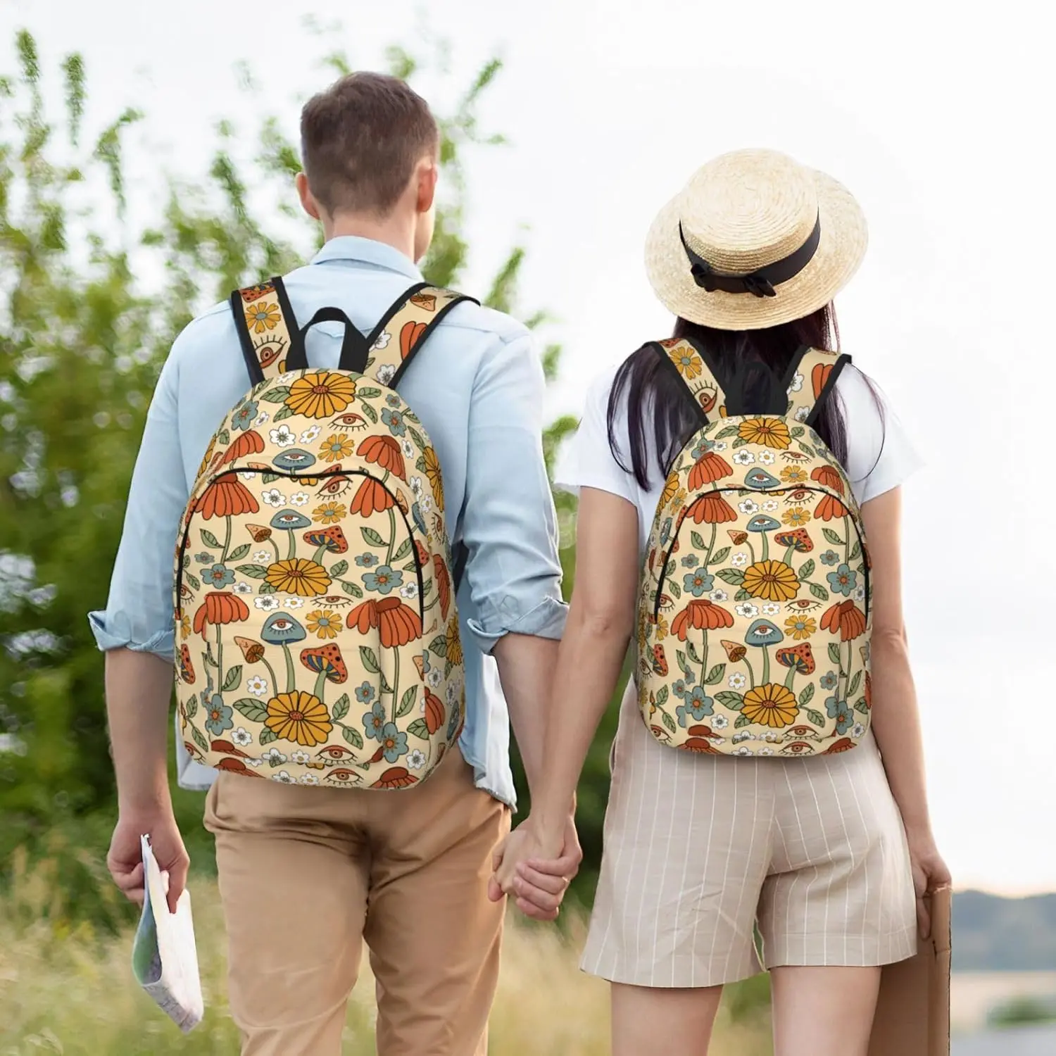 حقيبة ظهر ريترو هيبي السلام للسيارة للفتيات والأولاد والنساء خفيفة الوزن من القماش حقيبة كتب كاجوال للسفر والتخييم في الهواء الطلق