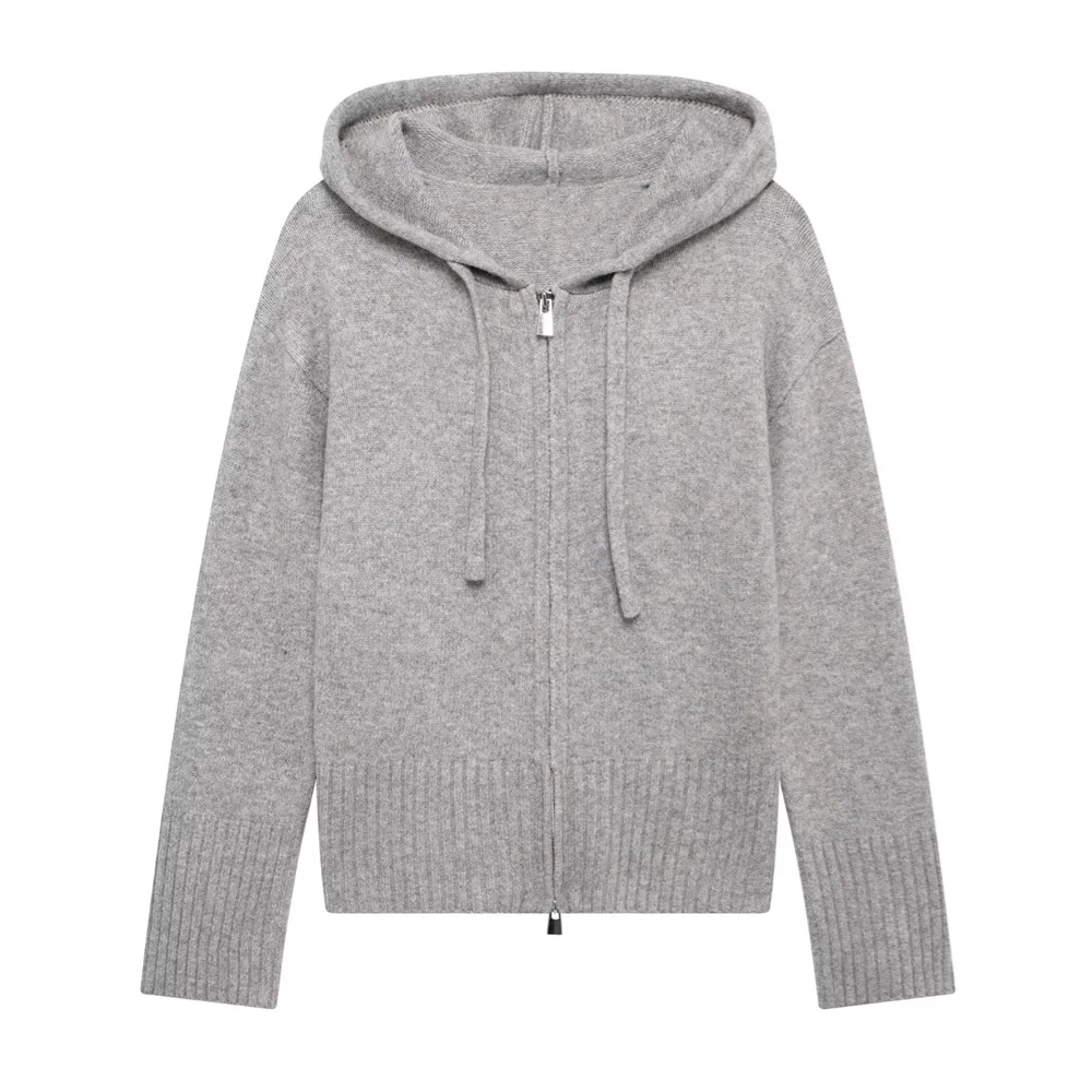 

UNIZERA women's solid color knitted hooded jacket sweater cardigan zipper decoration autumn and winter new women's clothing