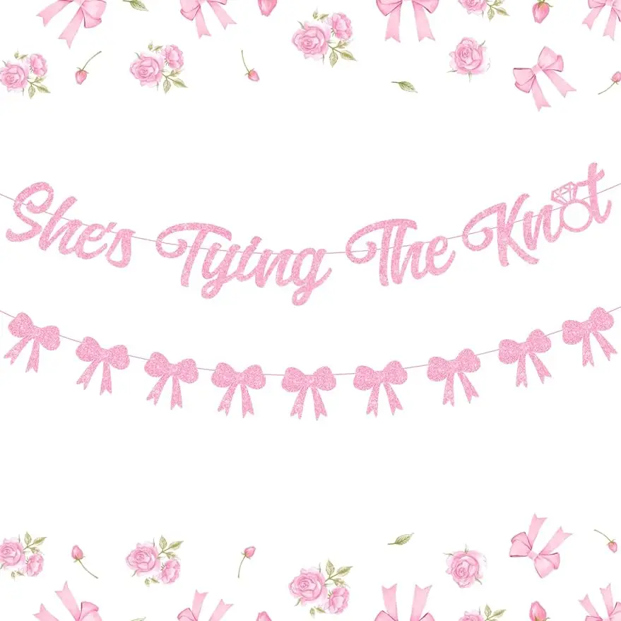 

Kreat4joy She's Tying The Knot Theme Bridal Shower Banner，pink Bow Princess Bachelorette, and Engagement Party Decorations