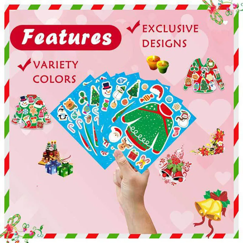 Funrous Christmas Sweater DIY Stickers for Kids Make Your Own Ornaments Tree Xmas Sweater  Winter Party Supplies Crafts Decor