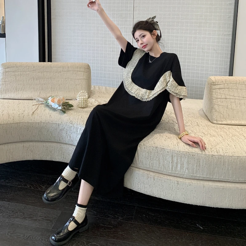 2025年夏新作 レディースワンピース ブラック パッチワーク Tシャツワンピース ゆったり 大きいサイズ フリル 女性用ローブ カジュアル レディースドレス KE60021