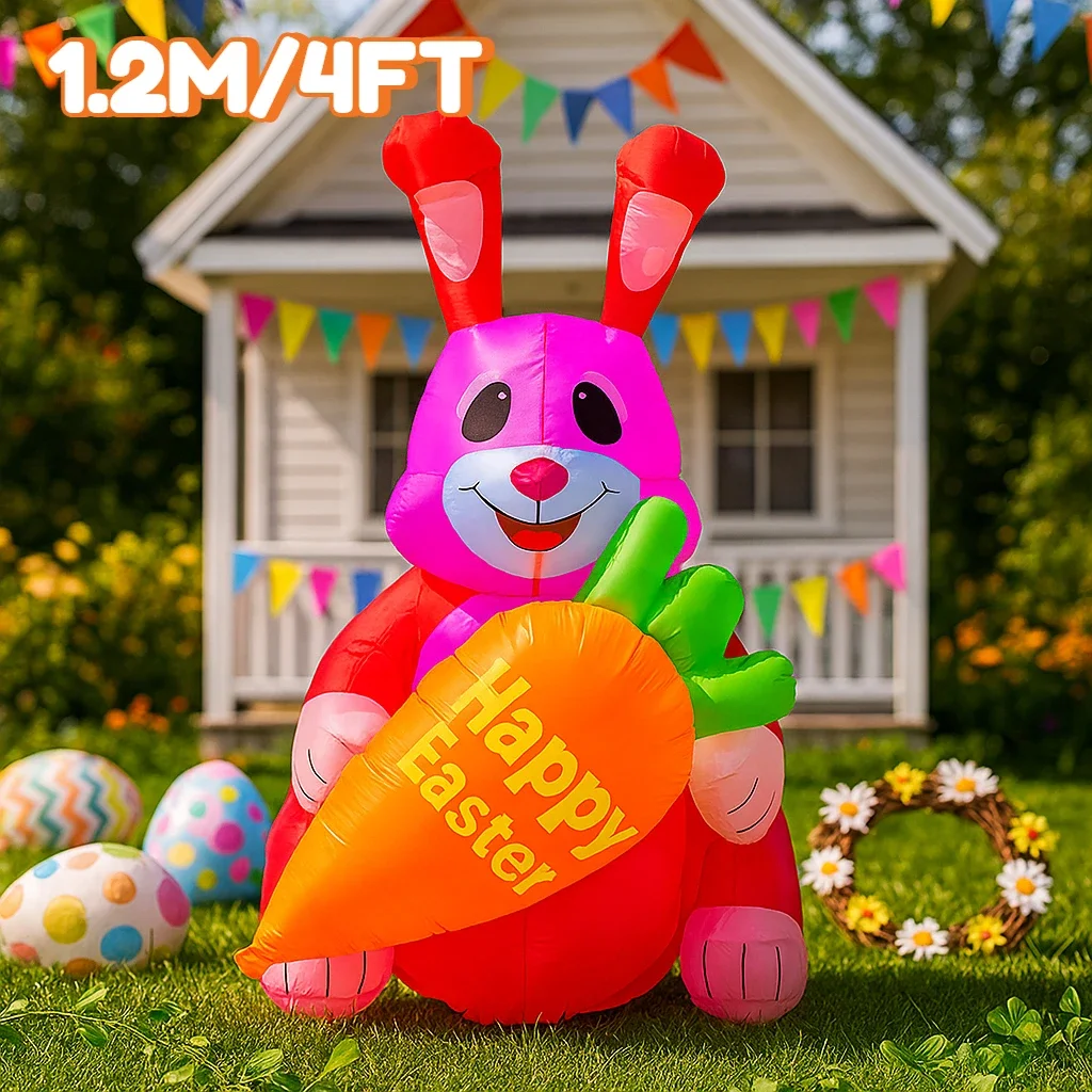 4FT Happy Easter Inflatable Toys Pink Bunny Decor Built-in LED Lights Yard Garden Props Ornaments Decorations Easter Inflatable