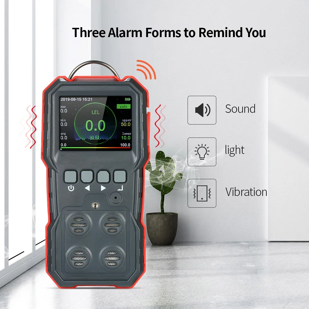 Détecteur de gaz 4 en 1, monoxyde de carbone, oxygène, gaz combustible, testeur H2S, enregistrement de données 120000, alarme sonore et lumineuse, alarme vibrante