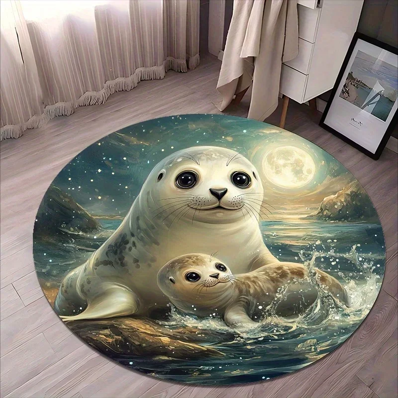 Seal Moonlit Night Round Area Rug - 2D Printed Non-Slip Floor Mat for Living Room Bedroom & Office Home Decor, 1PC
