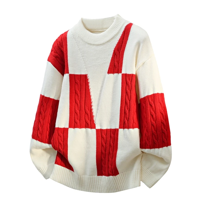 

Autumn Winter Luxury Sweater Men Color Block Design Round Neck Loose Fit Thick Warm Casual Pullover Knit Sweater