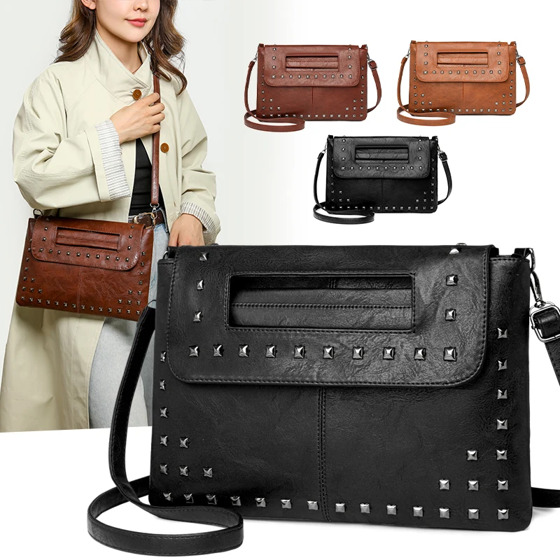 Nowa Modna Damska Torba na Ramię Retro Elegancka Torba Kopertówka z Nitami Luksusowa Torba Kurierska z PU na Dojazdy do Pracy, Zakupy, Randki, Torebka