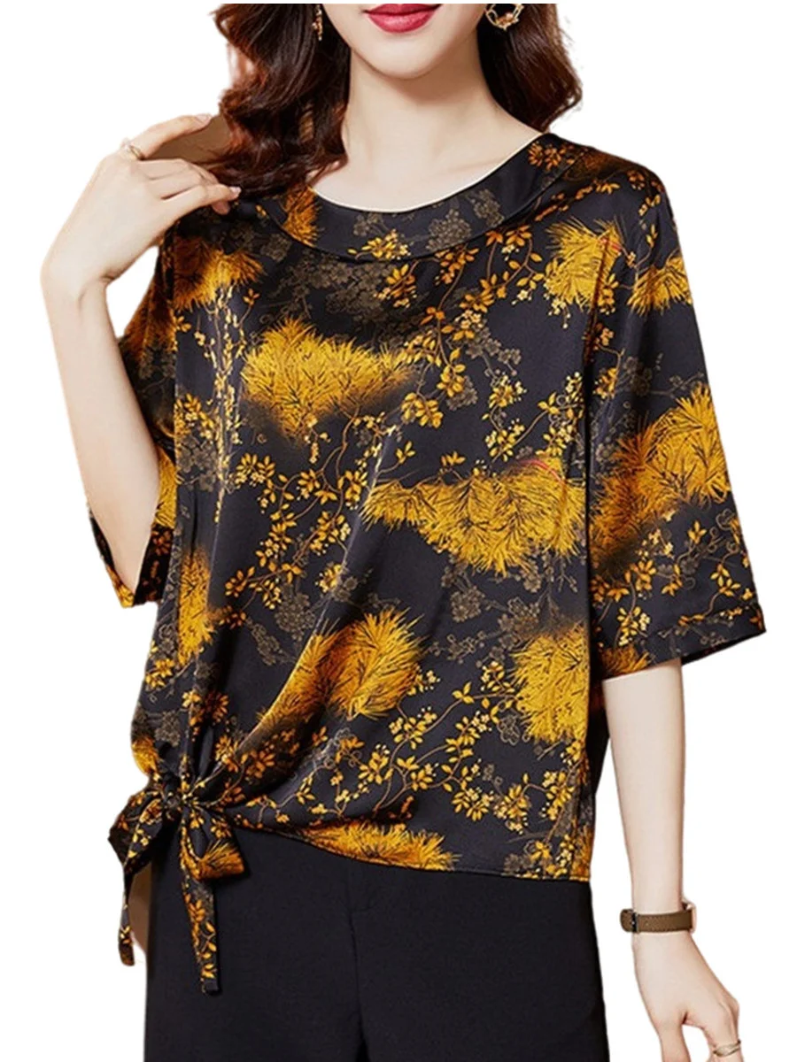 

4XL High-end Women Spring Summer Shirts Lady Fashion Casual Short Sleeve O-Neck Collar Retro Printing Blusas Tops CT0608