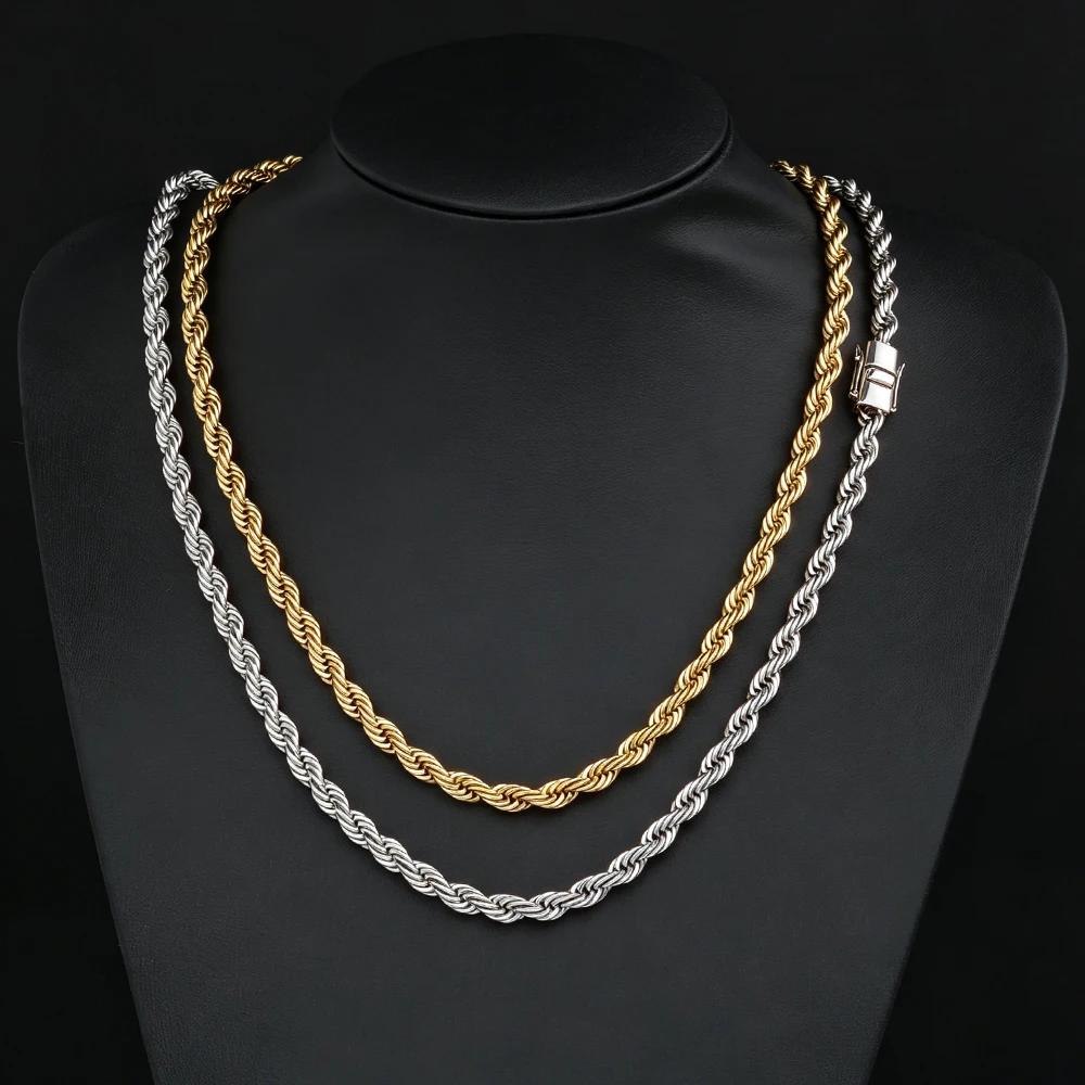 HHIOK Duty Twisted Rope Chain For Men 6mm18K Gold Plated Stainless Steel Necklace Solid Thick Hip Hop Bracelet Mens Gifts