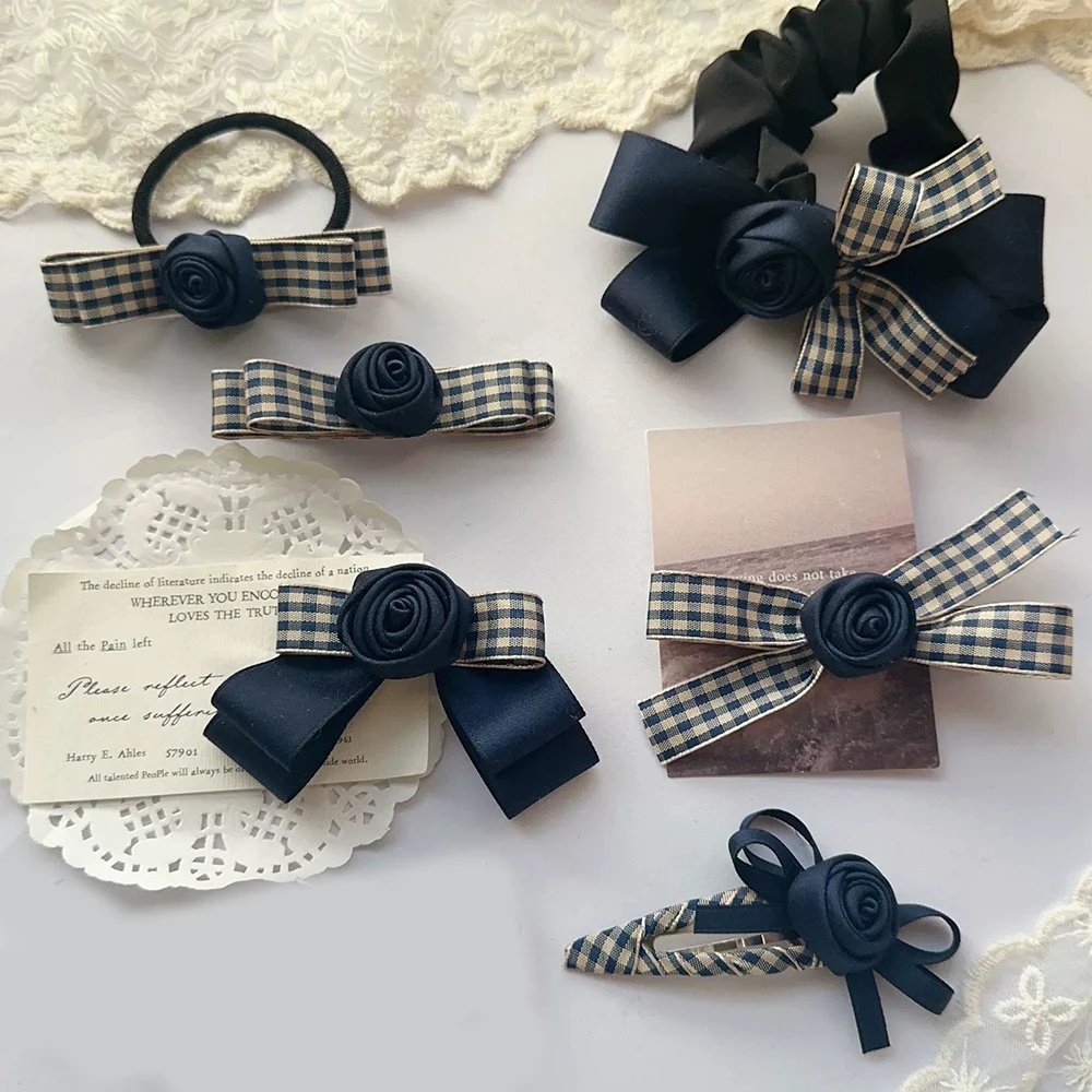 

6pcs/set Plaid Vintage Rose Flower Hairpins for Girls Hair Accessories Women Satin Bow Hair Ribbon Barrettes Kids Hair Clips