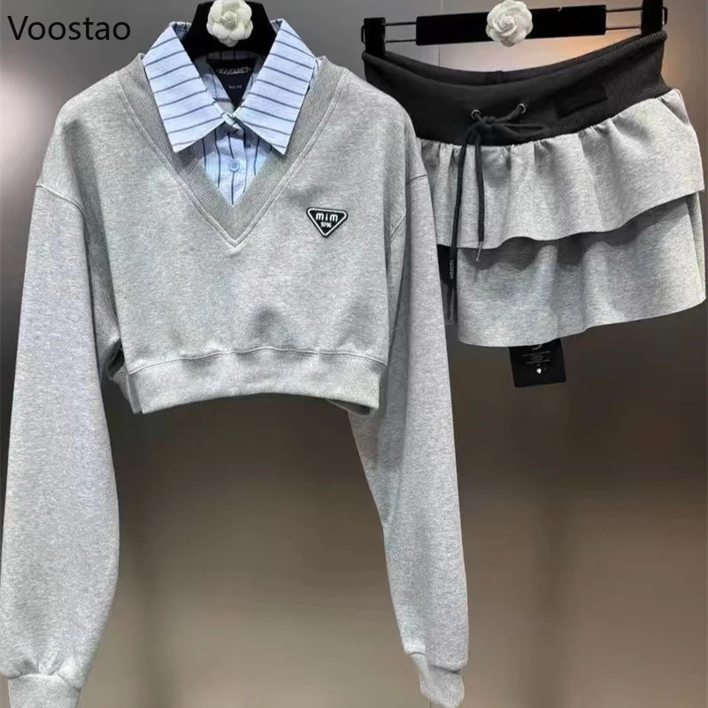 Vintage Y2k Two Piece Set Autumn Women Preppy Style Cropped Hoodie Top Mini Cake Skirt Suit Korean Female Casual Fashion Outfits