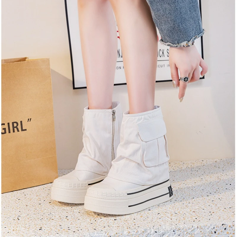 12CM New Denim Canvas Women Autumn Spring Hidden High Synthetic ZIP Ankle Booties Flats Platform Wedge Ankle Boots Fashion Shoes view 5