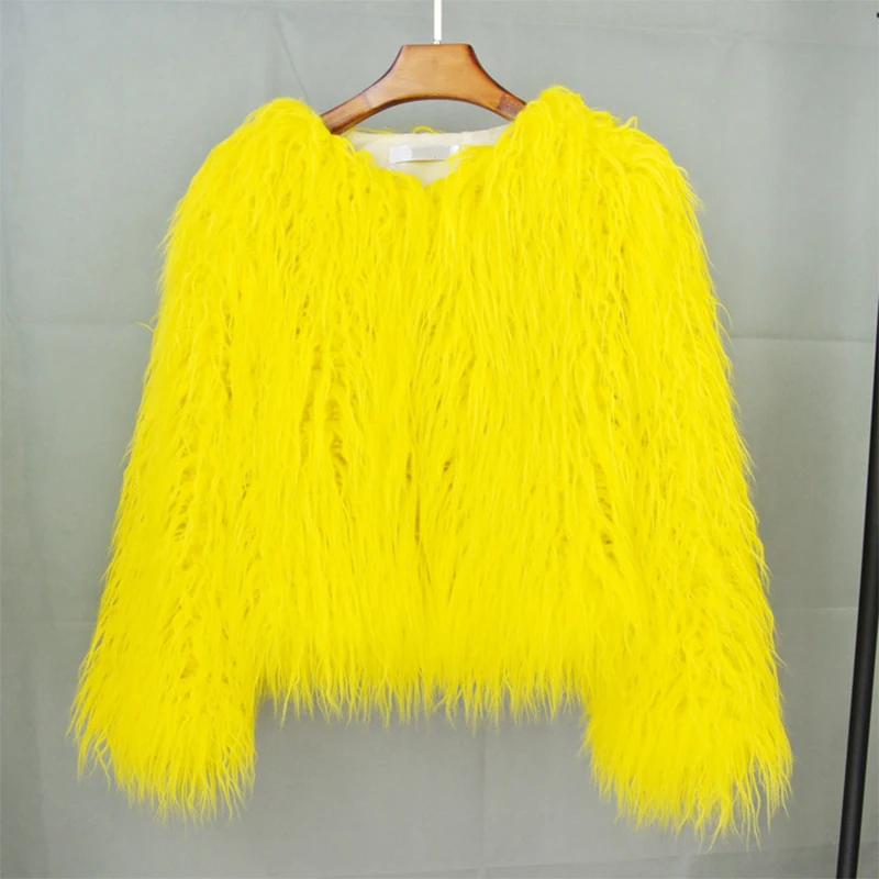 Fashion Luxury Fluffy Faux Fur Women Jacket Winter Long Sleeve Shaggy Overcoats Mongolia Sheep Fur Coat Female Street Outerwear