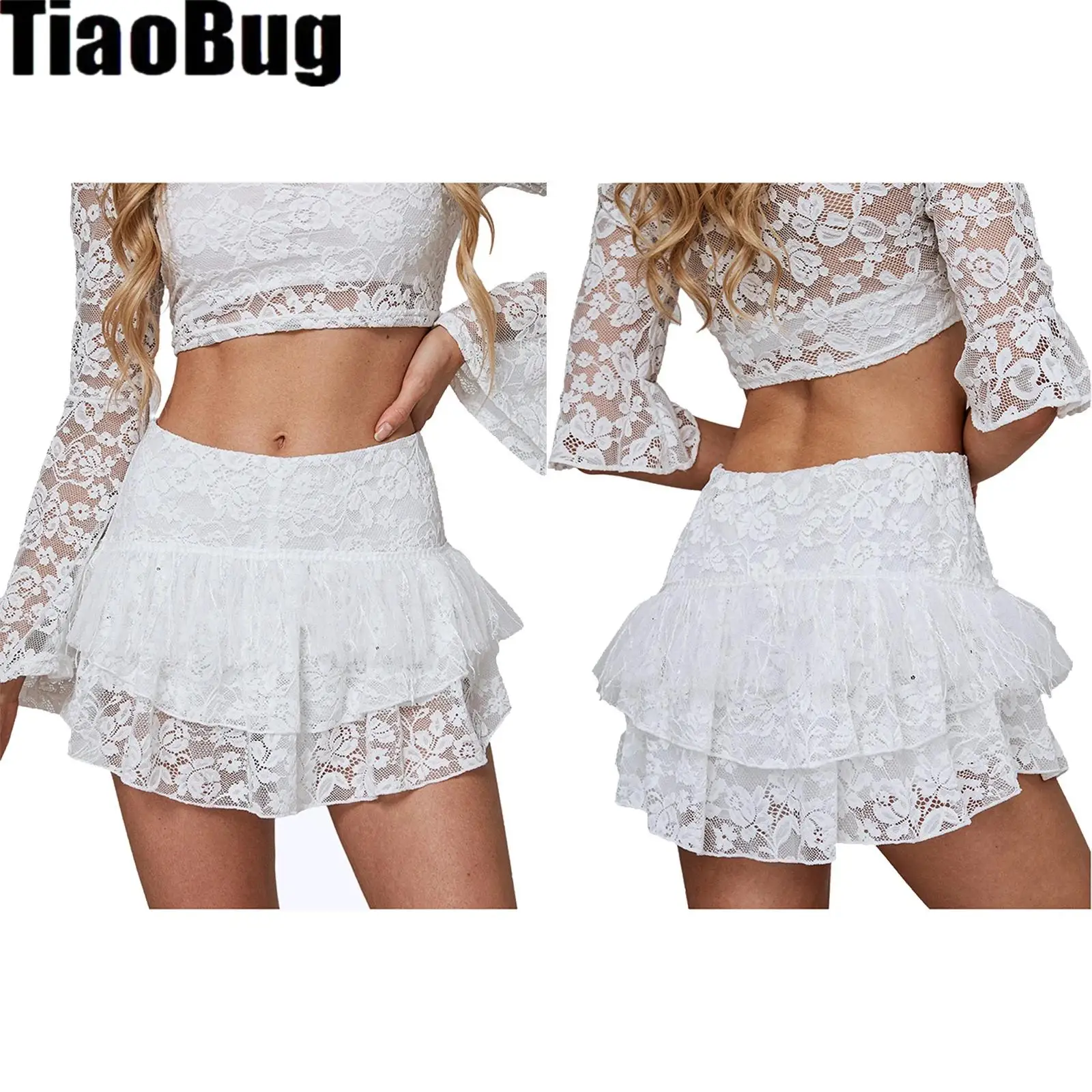 Women Ruffled Culottes Skirt Tiered Lace Layer Fuzzy Tassel Elastic Waistband Miniskirt with Built-in Shorts for Party
