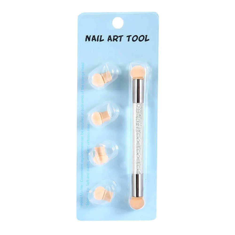 Double End Nail Art Pen UV Gel Compatible Transparent Handle Nail Art Sponge Brush 4 Extra Sponge Heads Ombre Nail Brush