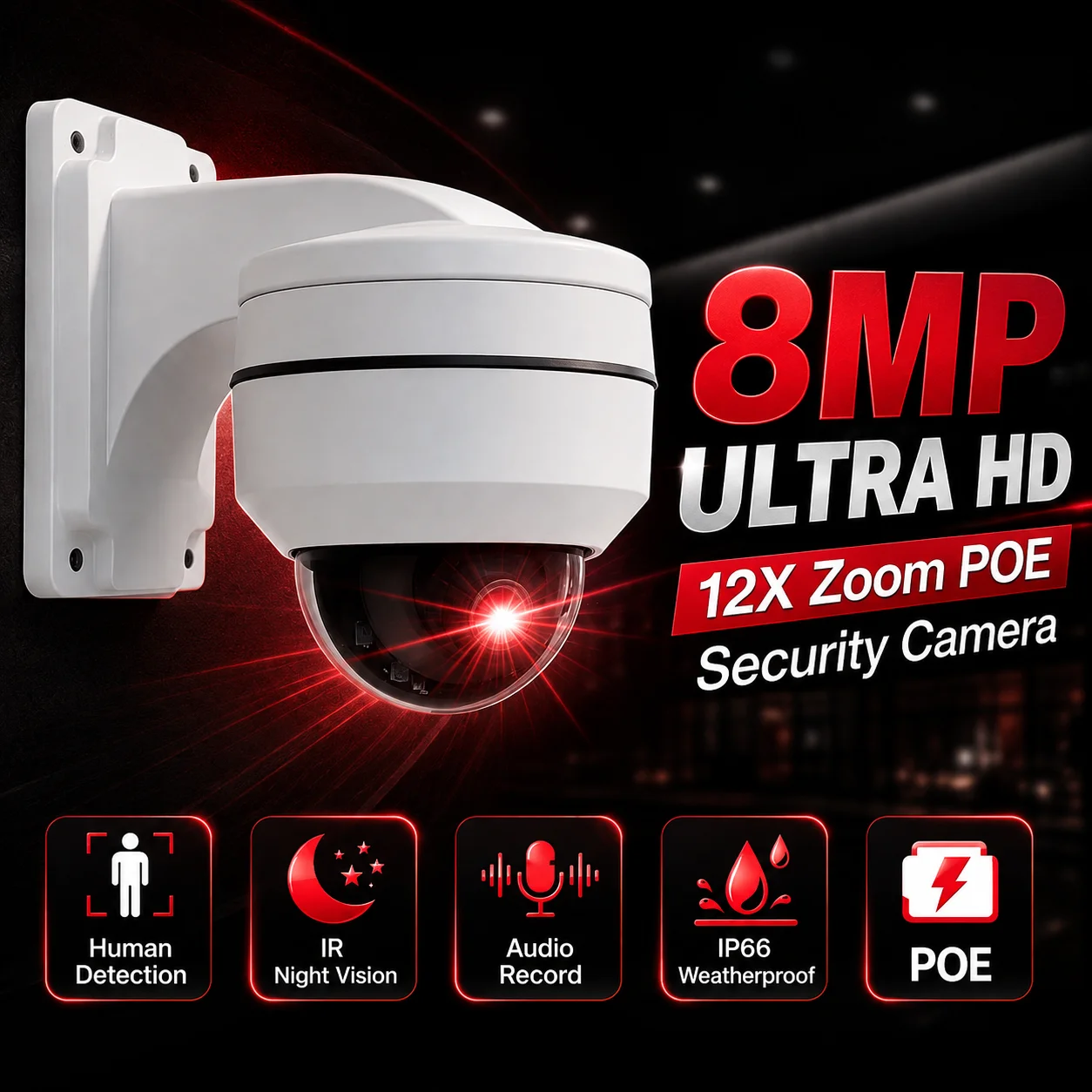 8MP POE PTZ Dome Camera 4K HD Outdoor Waterproof Onvif 12X Optical Zoom P2P Night Vision Audio Recording Human Detection CCTV