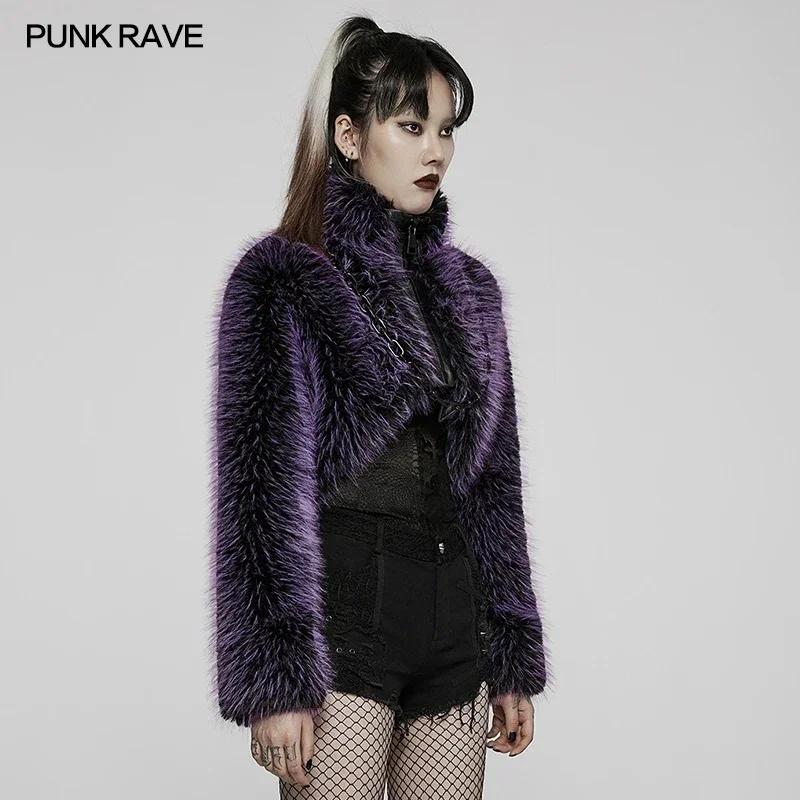 PUNK RAVE Punk Daily Faux Wool Coat Loose Fox Fur Short Jackets Plastic Bright Chain Asymmetrical Coats Party Club Halloween