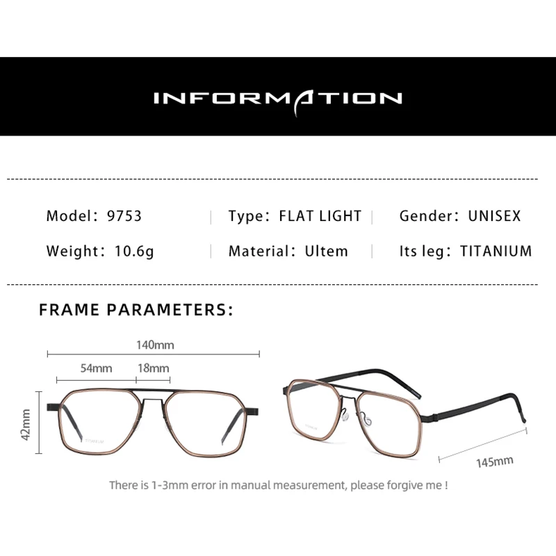 Reven Jate 9753 Optical Pure Titanium Polygon  Frame Prescription Eyeglasses Rx Men or Women Glasses for Male Female Eyewear