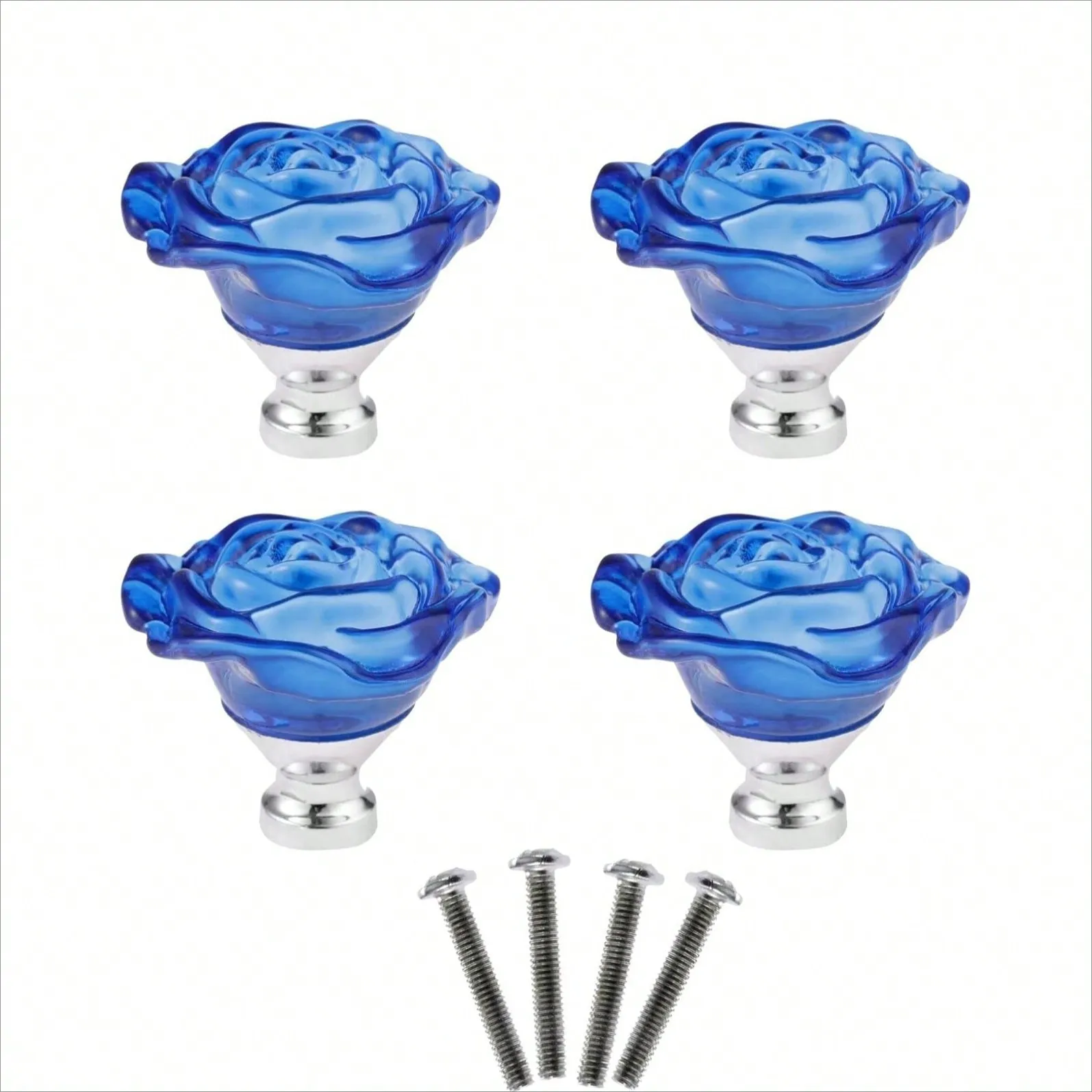 

4 Pcs Blue Glass Knobs and Handles Rose Shape Crystal Cabinet Handles Flower Decorative Door Pull 50mm Diameter with Screws