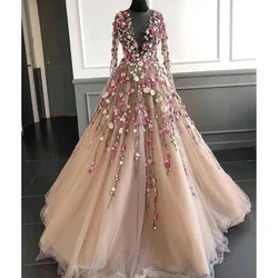 Luxury Appliques O-Neck Evening Dresses Organza Long Sleeve Chapel Train Special Party Formal A-Line Gowns For Elegant Women