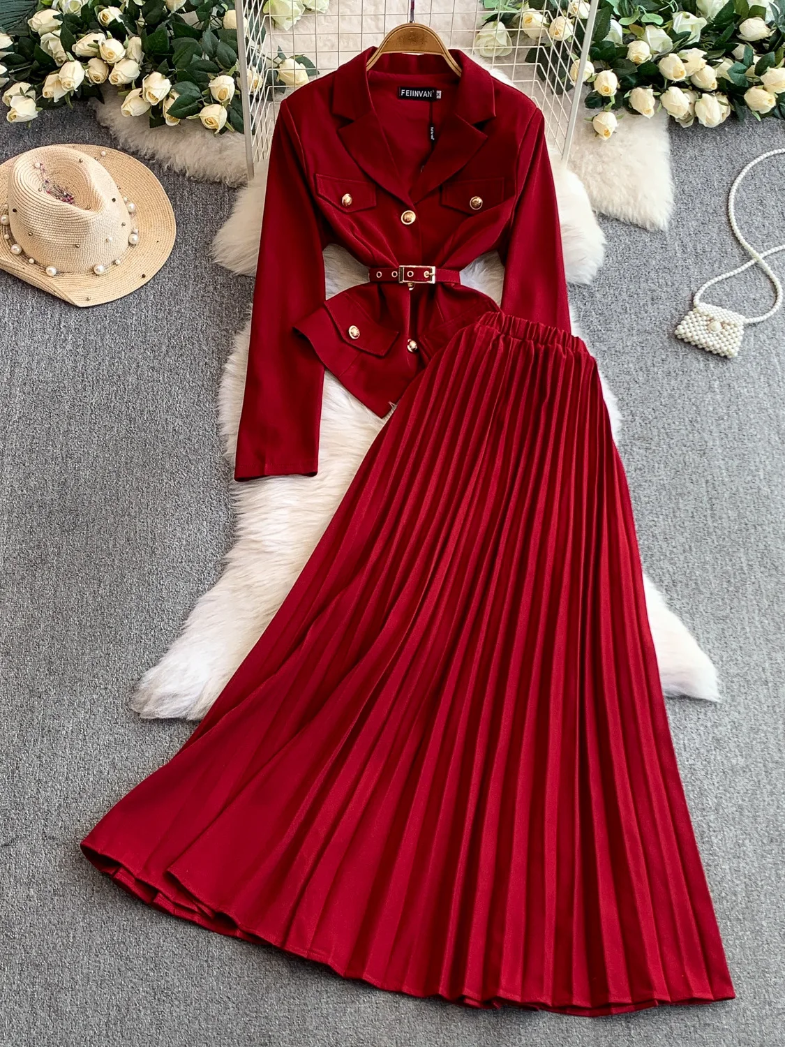 

Ele Metal Bule Slim Fit Suit Jaet And High Waist Pleated Long Skirt Two Piece Set Faionable Lady Sle Autumn Wear