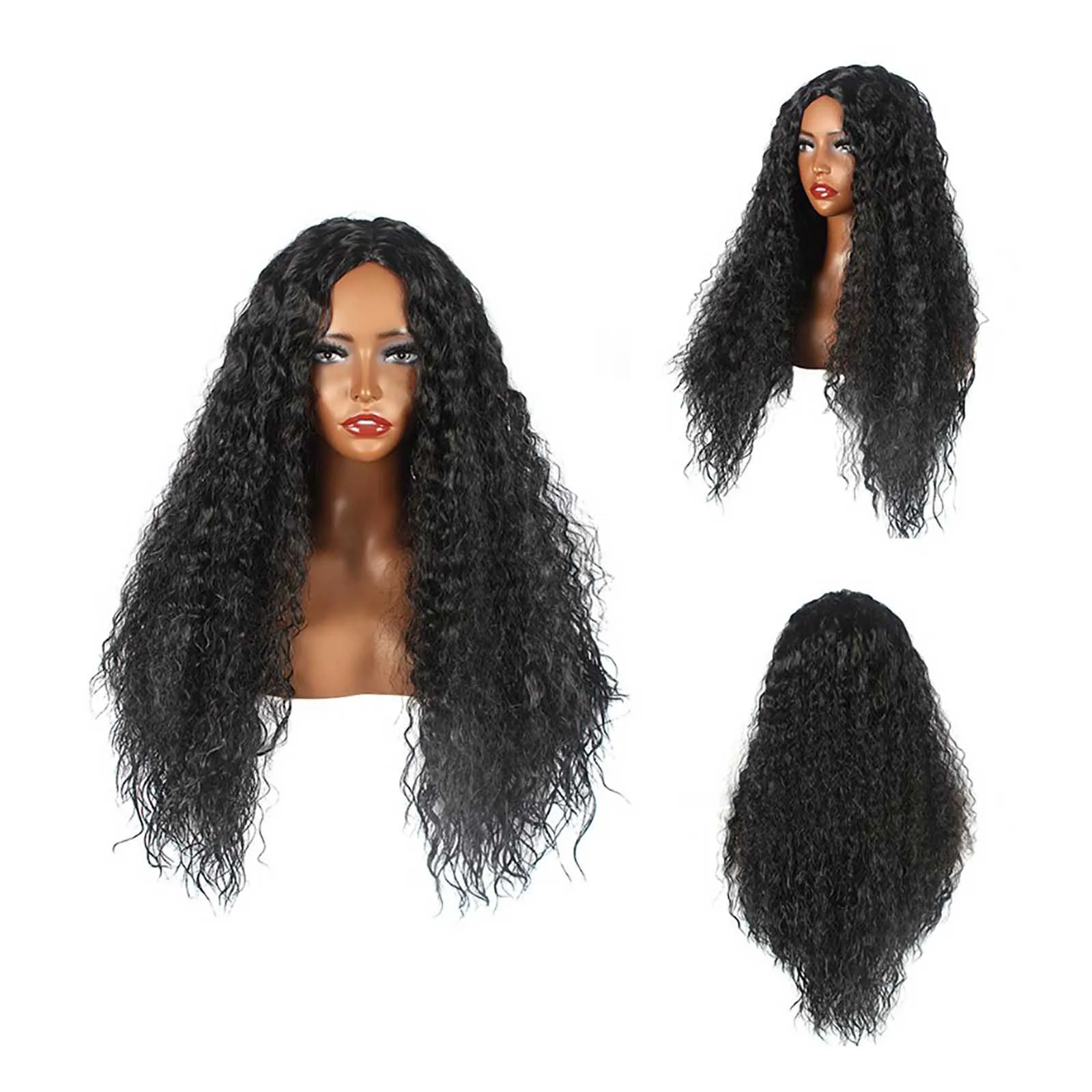 New Women's Synthetic Wig Fashionable Black Small Curly Water Ripple Corn Perm Center Parted Bangs Full Head Cover