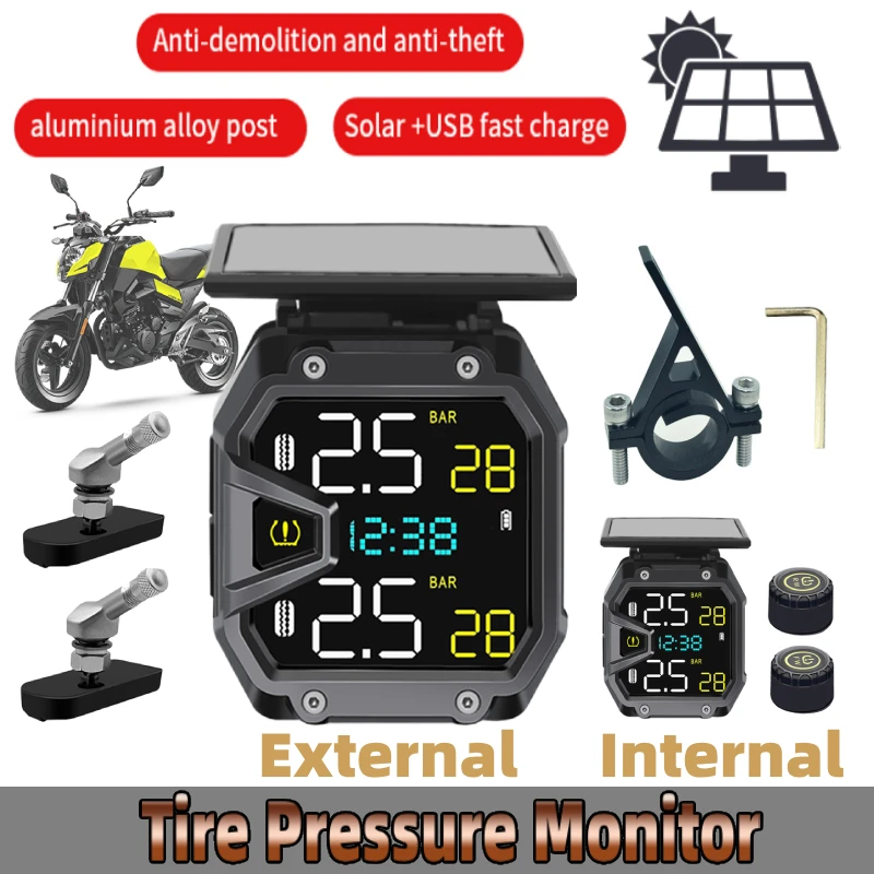 Motorcycle Air Pressure Sensor Solar Power Motorcycle TPMS Waterproof Bike Pressure Monitor Heat Resist Tire Pressure Detector