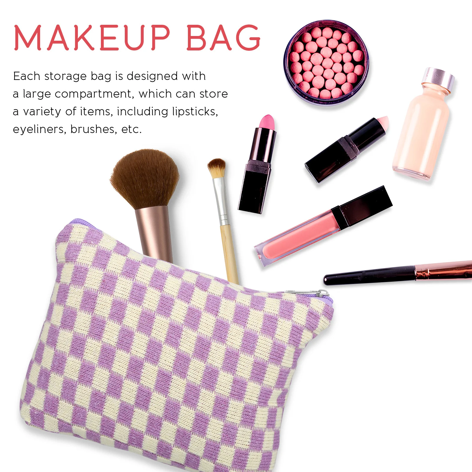 

2pcs Makeup Organizer Bags Large Capacity Checkered Pouches For Lipsticks Brushes Feminine Products Storage Zipper
