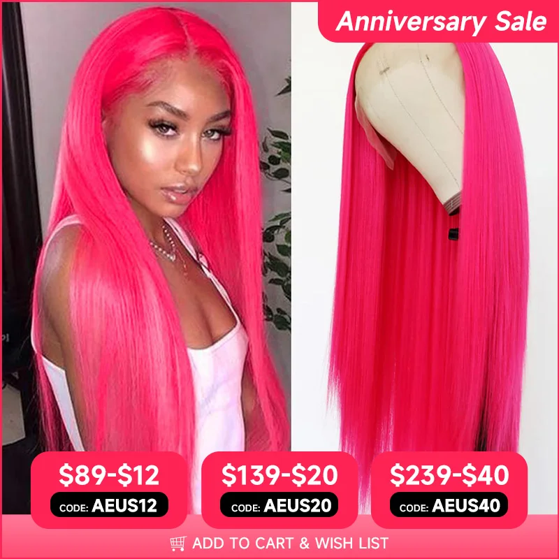 Hot Pink Vietnamese Human Hair Wig 13X6 HD Transparent Lace Front Pre Plucked 180% 250% Density Straight 28 Inch Wigs For Women