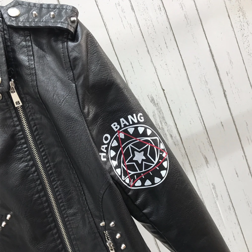 Leather Jacket Women Spring Fall Winter Pu Motorcycle Coat Print Punk Gothic Biker Rivet Outerwear